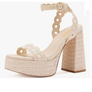 XYD Beige Platform Eyelets Open Round Toe High Heel Sandals Ankle Strap Shoes